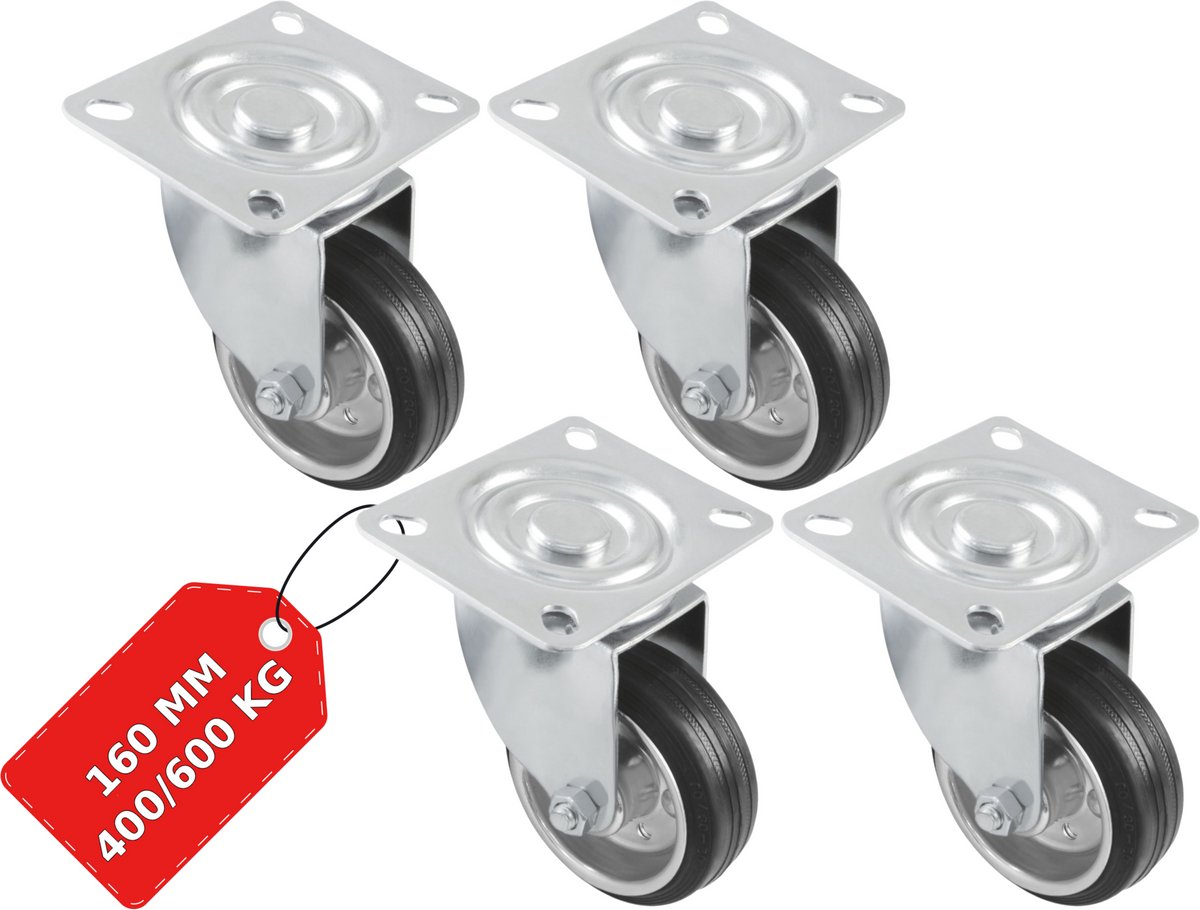 AMIG Zwenkwielen 160mm Set van 4 - 600kg Rubber Transportwiel Rollager