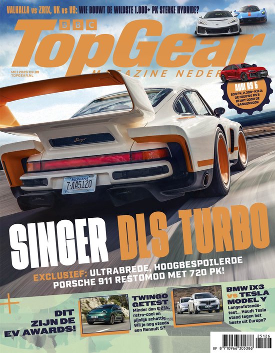 TopGear Magazine Mei 2026: Singer DLS Turbo Porsche 911 restomod met ultrabrede spoiler, Audi RS5, BMW iX3 vs Tesla Model Y.