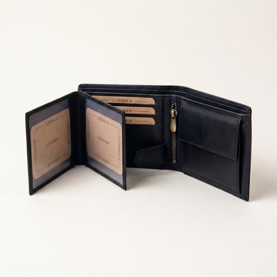 Lundholm Heren Portemonnee Heren Leer Zwart – Luxe Hunter Rundleer – Leren zwarte Billfold Portefeuille – RFID Bescherming – 12 Pasjes – Compacte mannen portemonnee Zwart