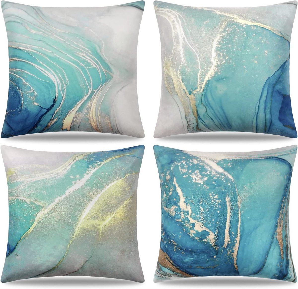 Set van 4 Decoratieve Kussenhoezen 18x18 Inch met Marmertextuur in Turquoise en Goud voor Sofa en Woondecoratie
