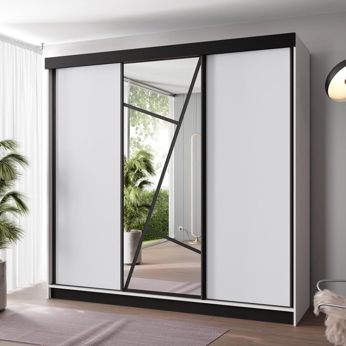 Kledingkast met Spiegel en Schuifdeuren 200x205x59 cm – Witte Garderobekast met Legplanken, Kledingstang en Grote Opbergruimte voor Slaapkamer en Hal – Vermissen
