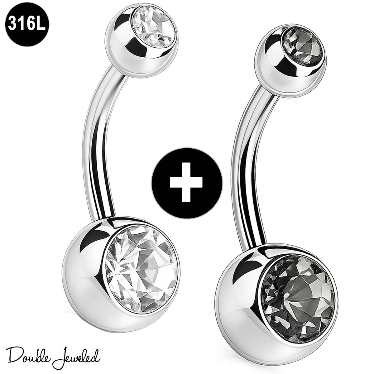 Navelpiercing Set 2 Stuks – Navel Piercing 316L Chirurgisch Staal – Belly Button Piercing – Banana Barbell 1.6mm – Double Jeweled – Helder & Grijs – Buikpiercing Dames