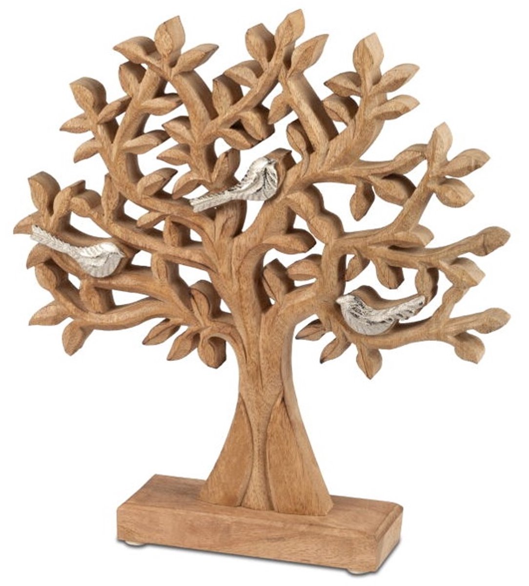 Levensboom - met Vogels - Op Mango Voet - 27x25cm - Zilver - Mango - Aluminium - Raw