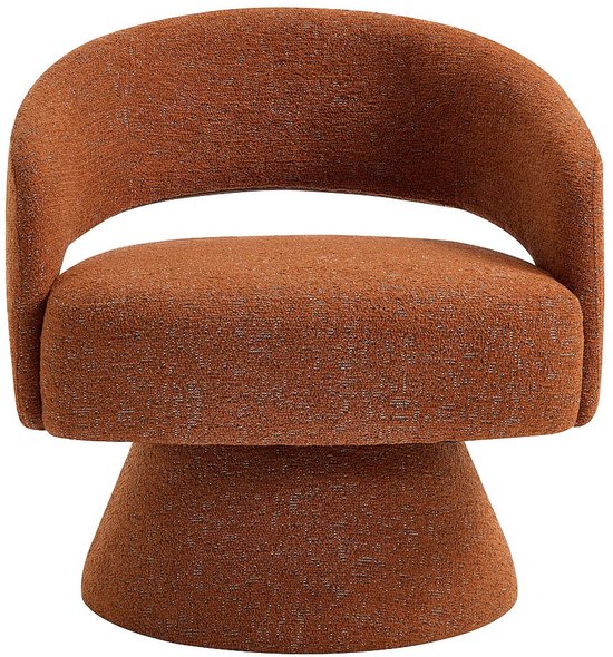 Fauteuil pivotant en tissu chenille terre cuite, avec assise ronde et base conique, sur fond blanc.