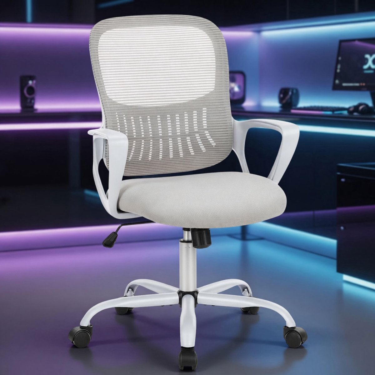 Ergonomische Bureaustoel met Lendensteun – Mobili Bella Comfort Draaistoel met Verstelbare Hoogte, Kantelfunctie & Armleuningen – Ademend Mesh Kantoorstoel voor Thuiswerk, Kantoor & Slaapkamer – Grijs