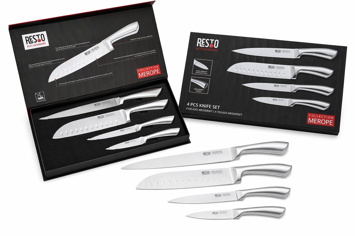 RESTO 95606 Merope - 4-delige RVS Messen set – Luxe keukenmessenset in magnetische geschenkdoos – Roestvrij staal