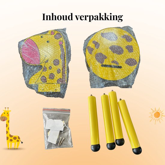 Inhoud verpakking: gele stoelonderdelen in giraffe-design, poten, schroeven en stickers.