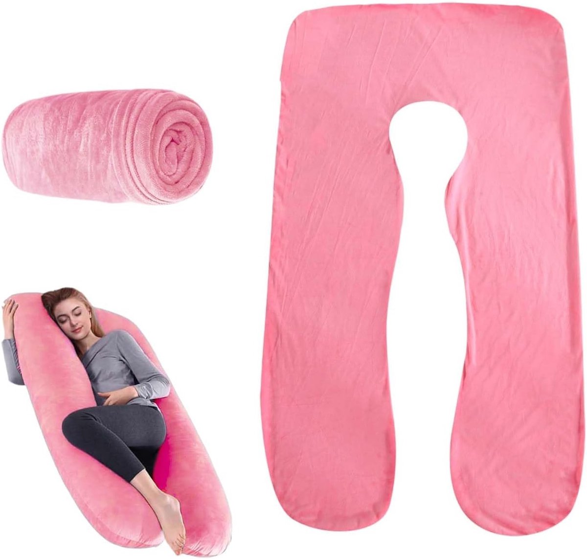 Zachte U-vormige kussenhoes voor zwangerschapskussen, 140 x 80 cm, vervangbare en wasbare hoes in roze, ideaal voor comfort en ondersteuning tijdens de zwangerschap