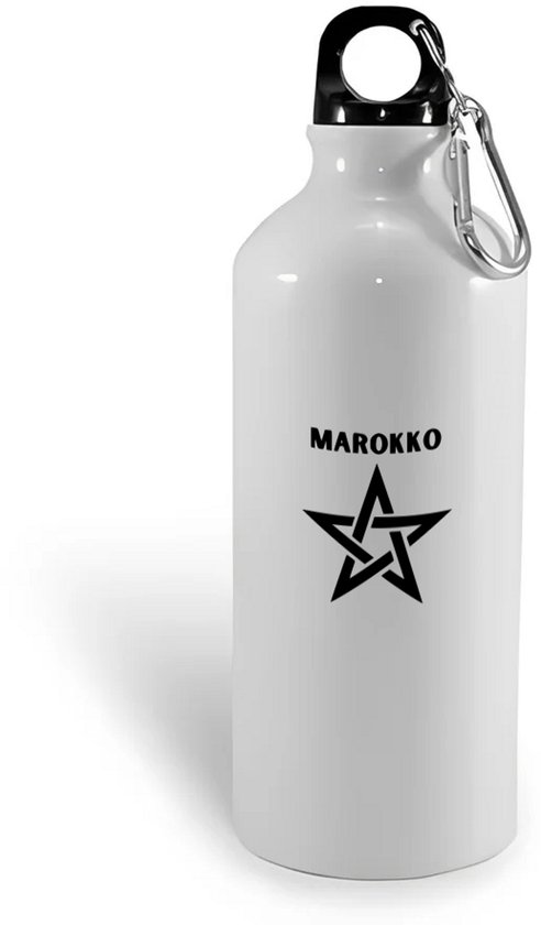 Gourde blanche avec texte noir 'MAROKKO' et logo étoile. Bouchon noir avec clip.