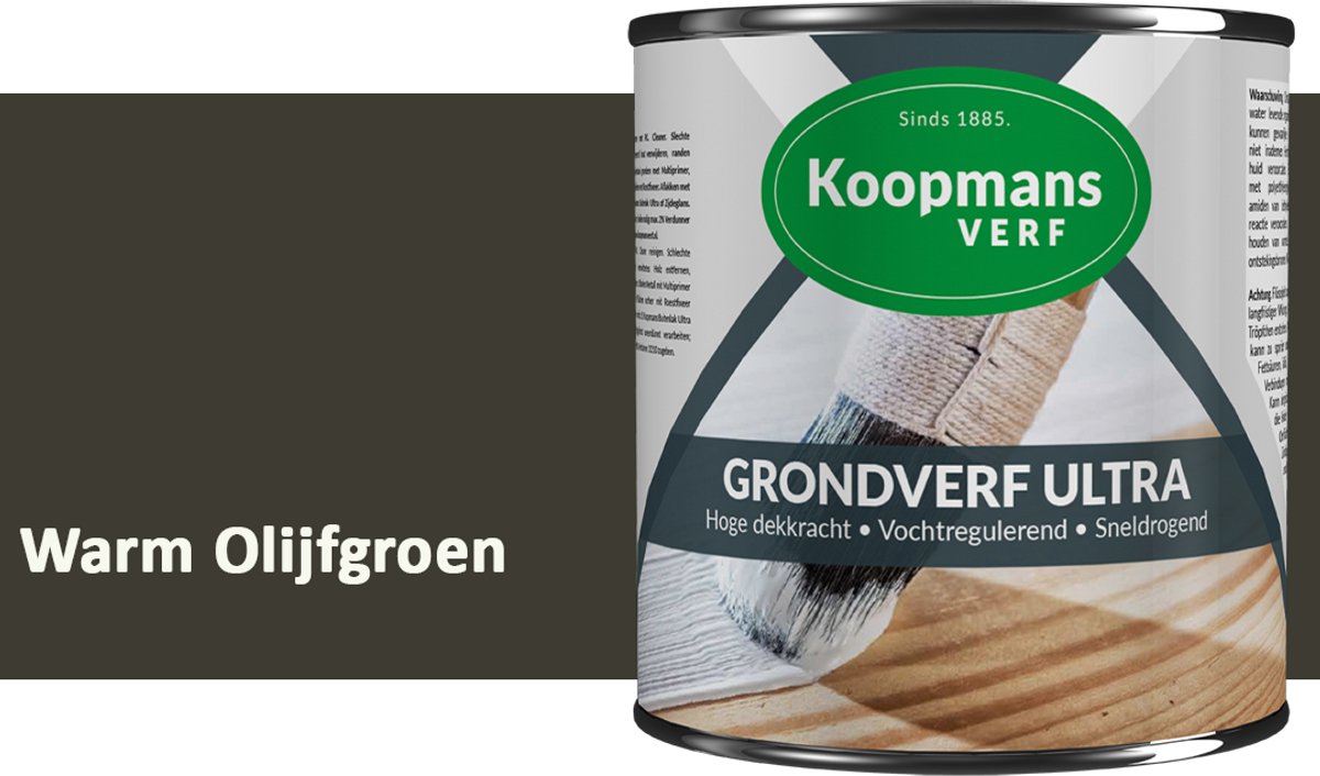 Koopmans Grondverf Ultra – Grondverf Hout & Metaal Binnen en Buiten – Vochtregulerende Primer – Hoge Dekking – Zijdeglans – Warm Olijfgroen – 2,5 l