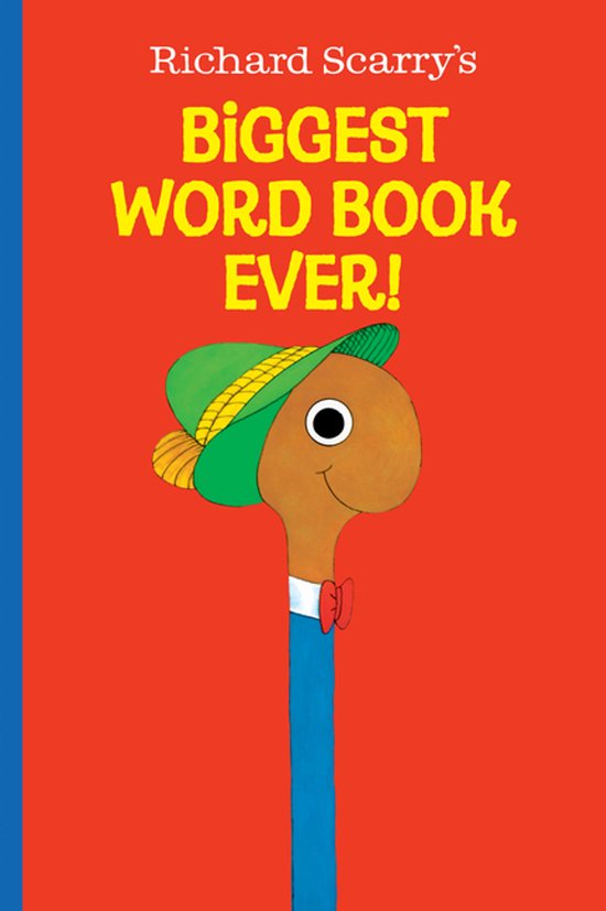 Livre 'Richard Scarry's Biggest Word Book Ever!' avec une figure brune portant un chapeau vert et un nœud papillon rouge.