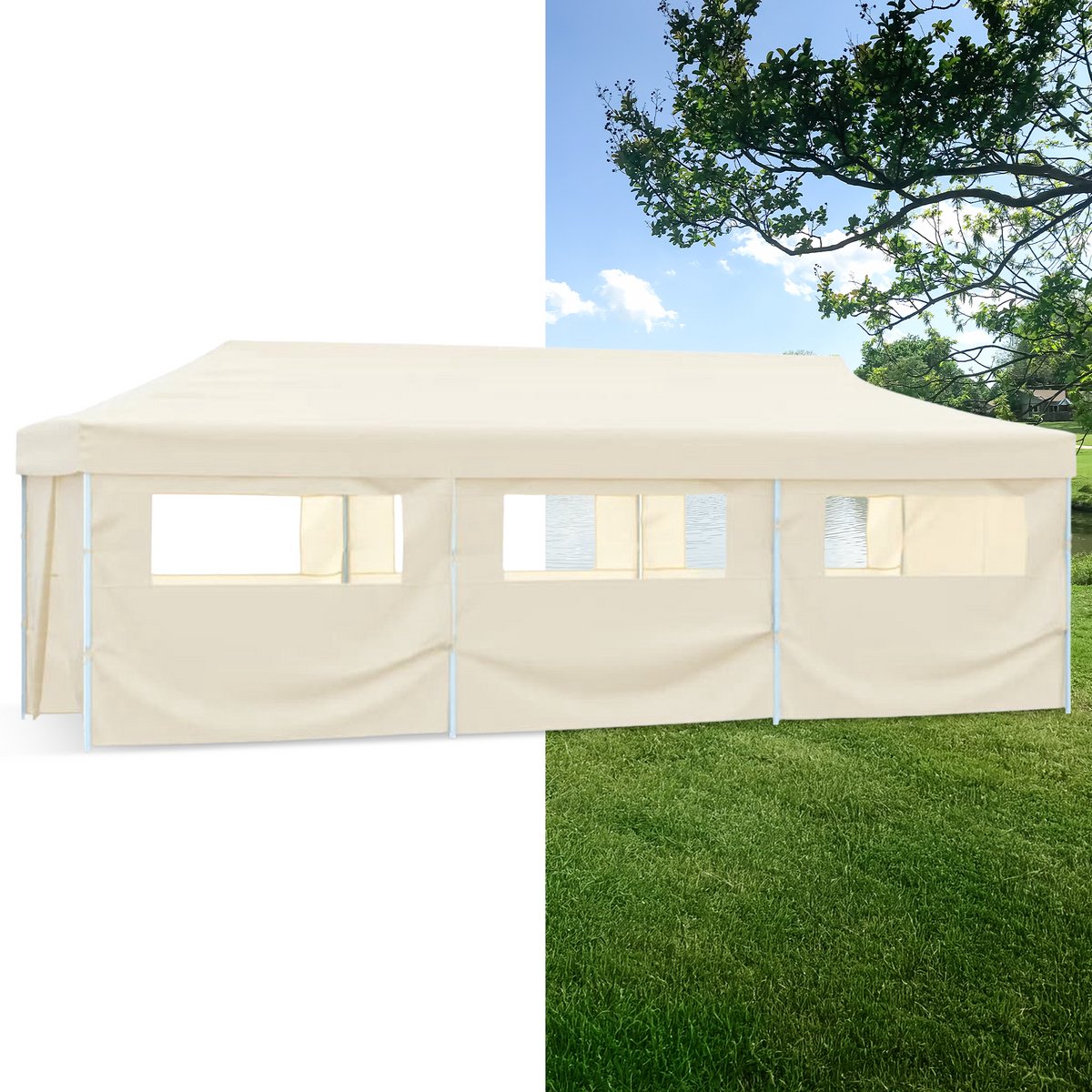 Partytent opvouwbaar - Paviljoen - 3x9 m - Easy up - Waterdicht - Met Zijwanden - Weerbestendig- Crème