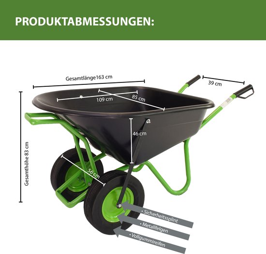 2-wiel kruiwagen 160 L 220 kg Tuinkrui Kruiwagen Kruiwagen Kruiwagen Massieve rubberen banden Metalen velg groen — afbeelding 5