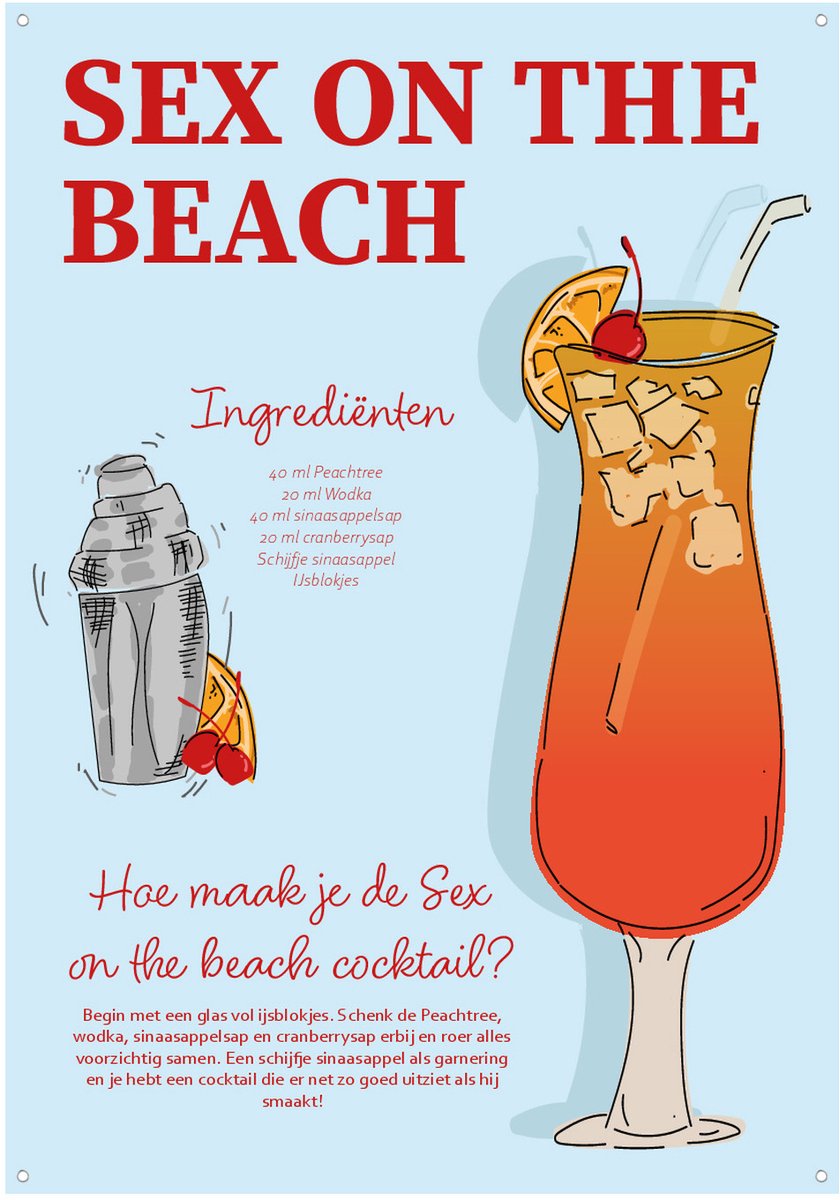 Sex On The Beach Cocktailrecept - Tuinposter - Tuindoek - 70x100 cm - Buitenposter - Schuttingdoek - Tuinschilderij voor Buiten