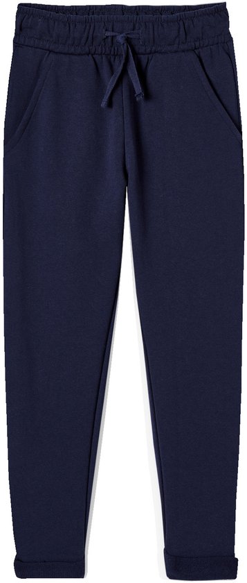 Donkerblauwe joggingbroek voor jongens met trekkoord, steekzakken en opgerolde zomen.