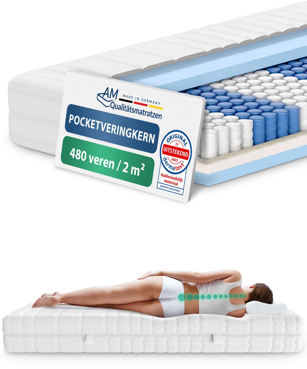 AM Qualitätsmatratzen - Ergonomisch 7-Zone Pocketveringmatras 150x200 cm - Stevig (H4) - 20cm - Matras met 7 ergonomisch ligzones - OEKO-TEX - 7-zone matras 150 x 200 cm - 480 veren