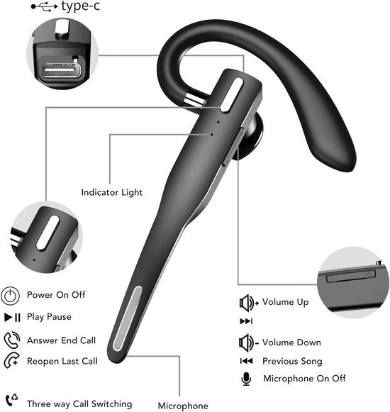 Bluetooth-headset met één oor, ruisonderdrukkende mono-headset, Bluetooth-oortelefoon met 360 graden draaibare oorhaak, LED-display, 400 uur lange stand-bytijd — afbeelding 5