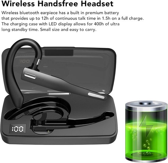 Bluetooth-headset met één oor, ruisonderdrukkende mono-headset, Bluetooth-oortelefoon met 360 graden draaibare oorhaak, LED-display, 400 uur lange stand-bytijd — afbeelding 2