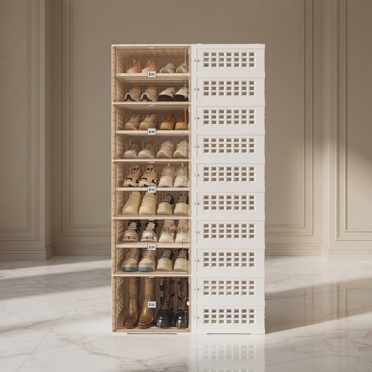 Luxe Schoenenkast met Transparante Deuren – Stapelbaar Schoenenrek 9 Lagen – Ruimtebesparende Schoenen Organizer met Magnetische Sluiting – Opvouwbare Schoenenopberger voor Grote Schoenen – Stofdicht & Multifunctioneel Opbergsysteem Mobili Bella