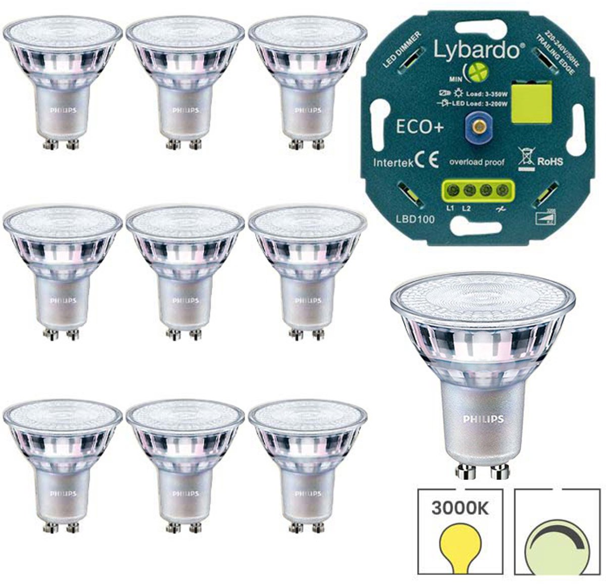 Philips - GU10 LED lamp - 10 pack - 4W - Dimbaar - Modern Warmwit Licht + LED Dimmer 3-200W