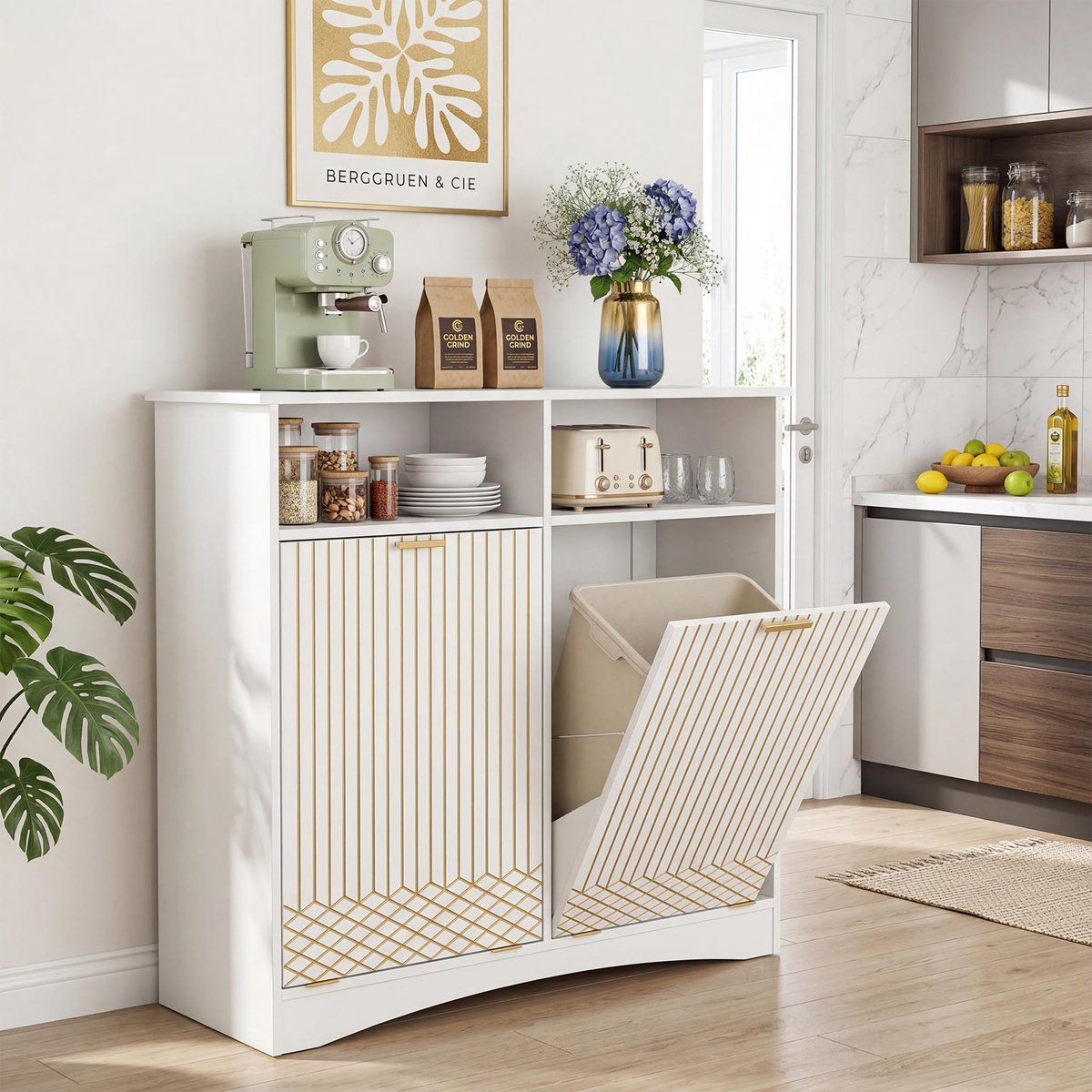 LITTLE TREE Moderne Keukenkast - met afvalscheidingssysteem - Geschikt voor keukens en badkamers - 100x33x93 cm - Wit & Goud