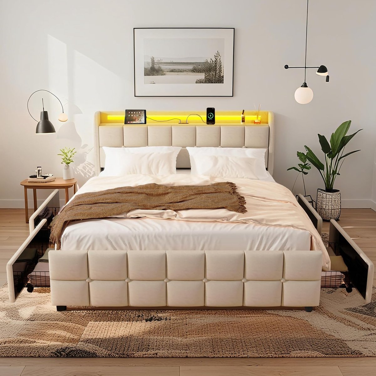 Smart Design Tweepersoonsbed met RGB-LED-verlichting, 4 Opbergladen en Geïntegreerd Laadstation - Modern Gestoffeerd Bedframe 140x200 cm - Beige Linnenlook