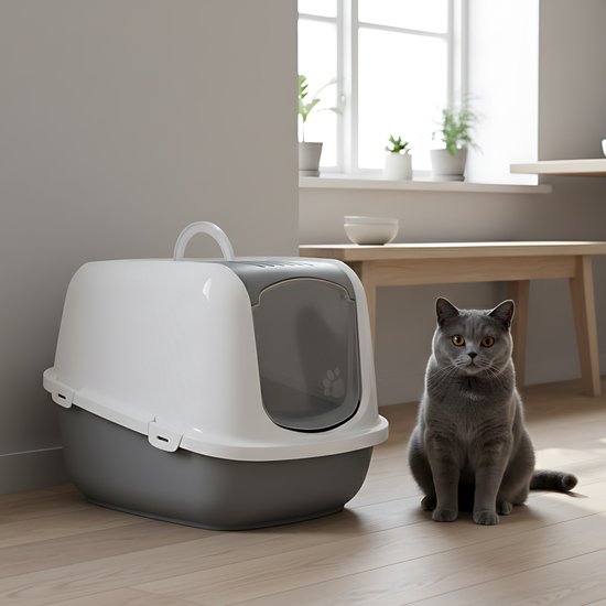 Savic Nestor Jumbo - Kattenbak XL - Inklapbare Voorkant - Grijs/Wit - 66,5 x 48,5 x 46,5 cm