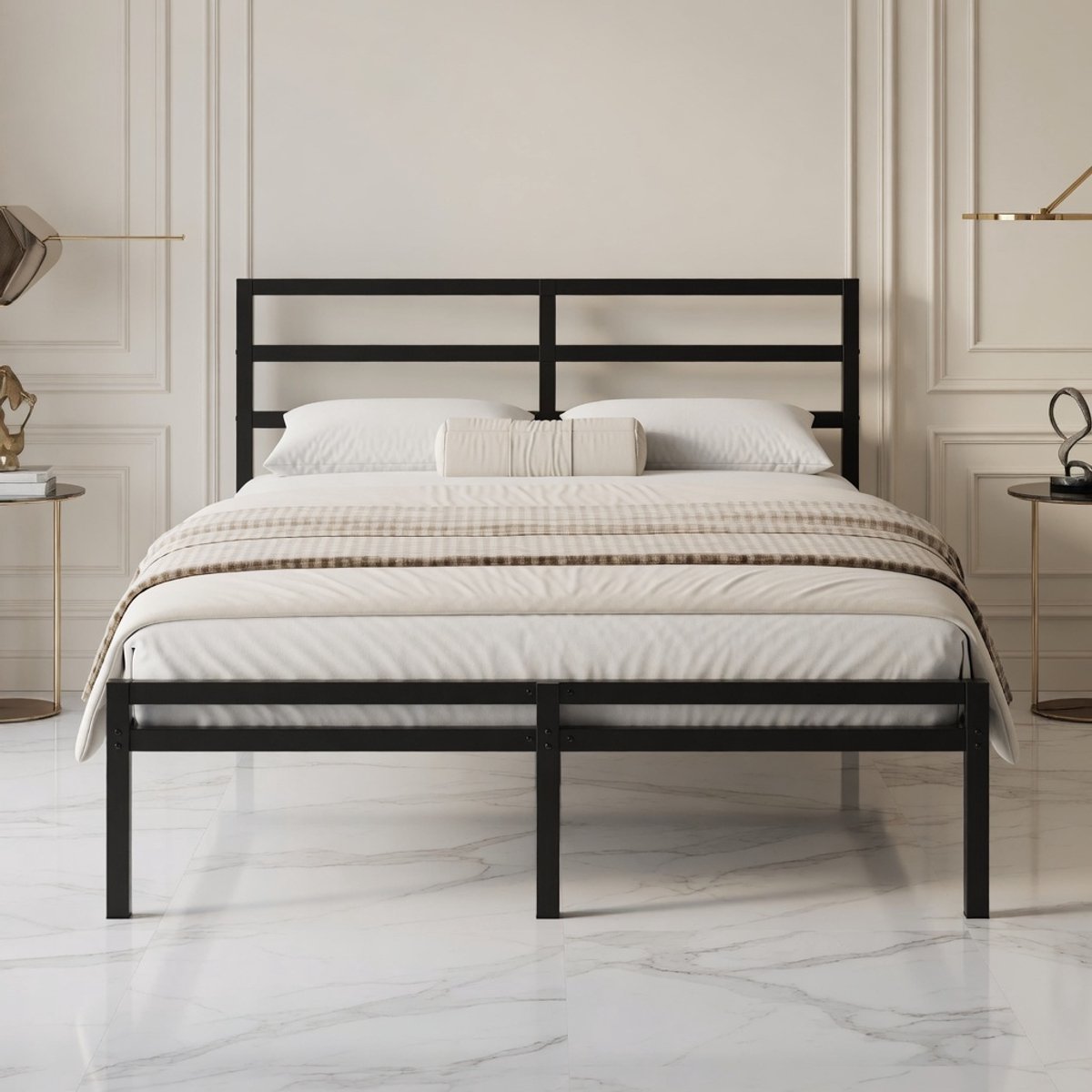 Mobili Bella Luxe Metalen Bedframe 160x190 cm met Hoofdbord en Voetbord – Stevig Stalen Bed met Lattenbodem, 30 cm Hoog, Opbergruimte Onder Bed, Geluidsvrij en Eenvoudige Montage – Zwart