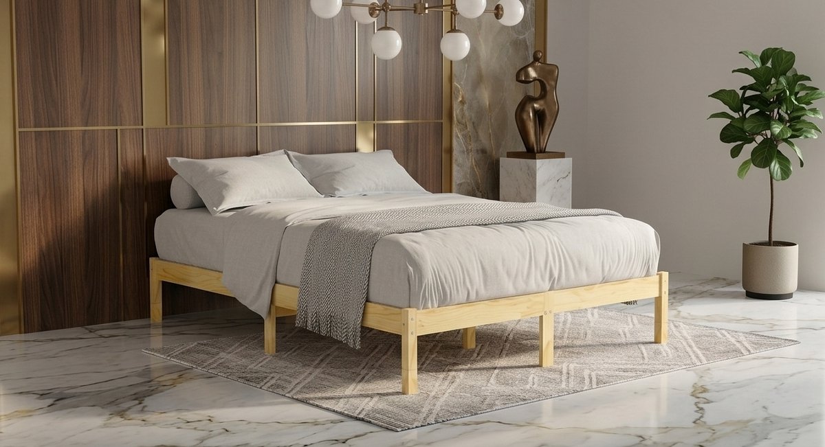 Metaal Bedframe met Houten Hoofdbord en Opbergplanken, Inclusief Lattenbodem – Industrieel Stevig Stalen Bedframe voor Slaapkamer, Logeerkamer of Tienerkamer, Zwart 90x200 & 120x200 – Mobili Bella