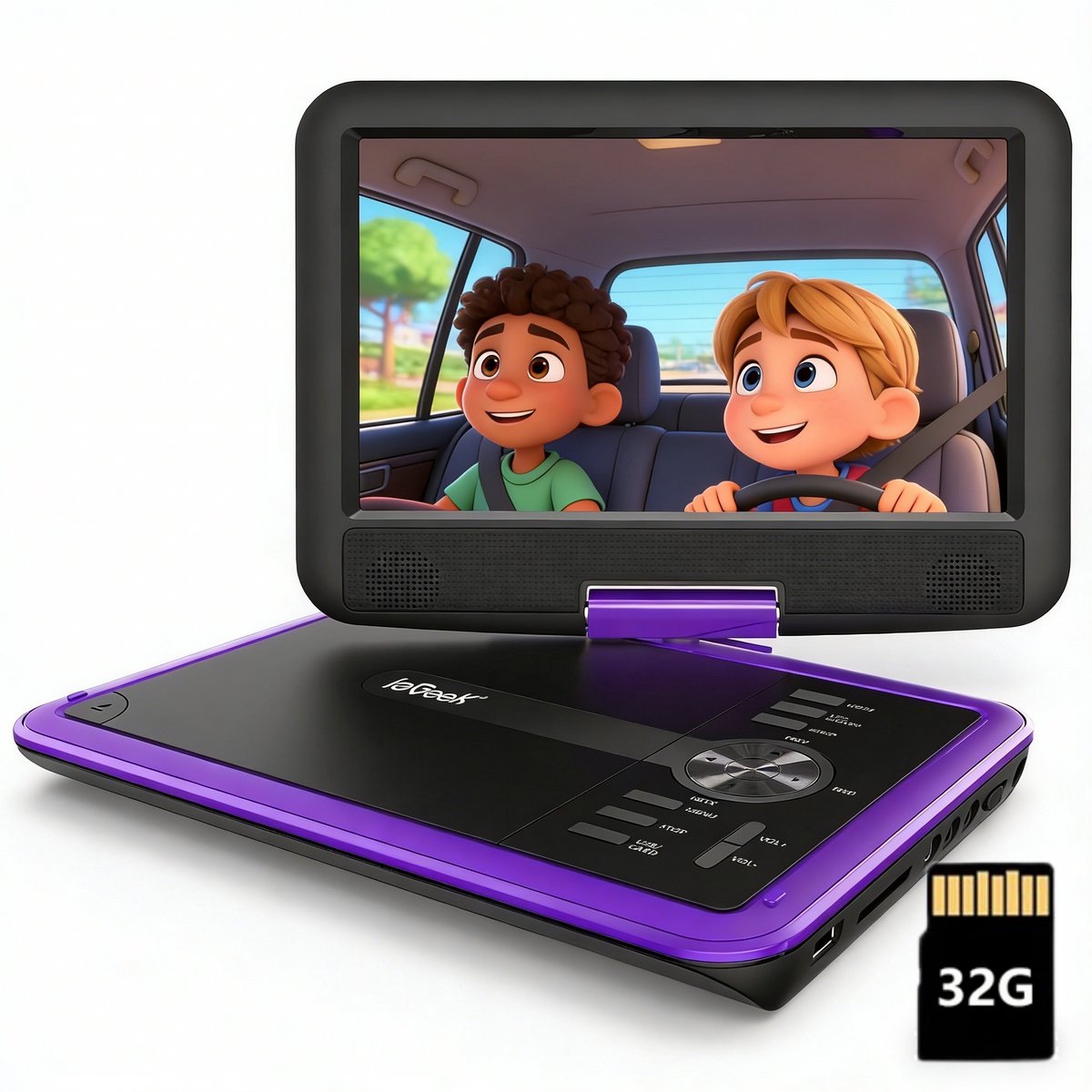 ieGeek Draagbare DVD Speler Auto - 11.5 Inch - 9,5 Inch Oogbeschermend Scherm - mit 32GB Karrt - TV/USB/SD - Draaibaar Scherm - 5 Uur Oplaadbare Batterij - voor Kinderen en in de Auto - Paars