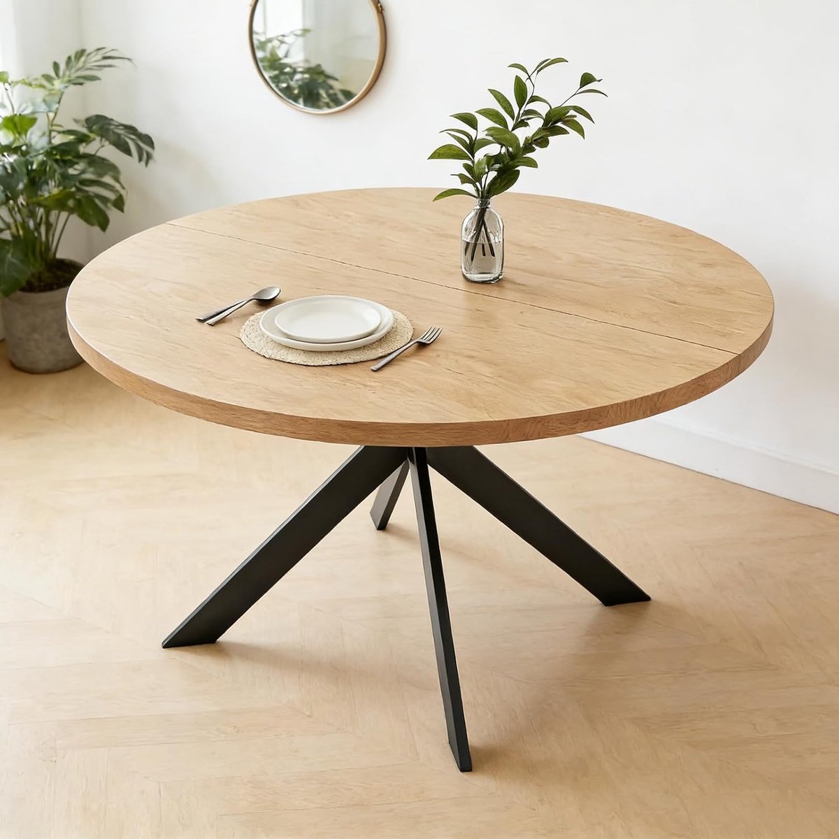 Eettafel Set Rond met 4 Stoelen - 115 cm Eikenlook Tafel met Zwarte Spiderpoten en 4 Grijze Gestoffeerde Stoelen - 115x115x75 cm - Vermissen