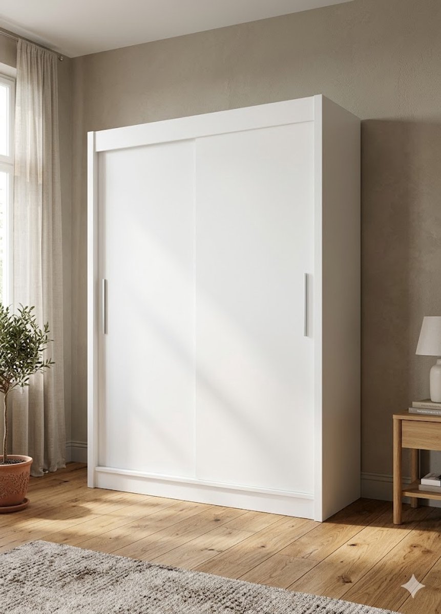 Kledingkast met schuifdeuren 120x58x200 cm met 5 legplanken en kledingstang, compacte garderobekast zonder spiegel, moderne slaapkamerkast wit – Vermissen