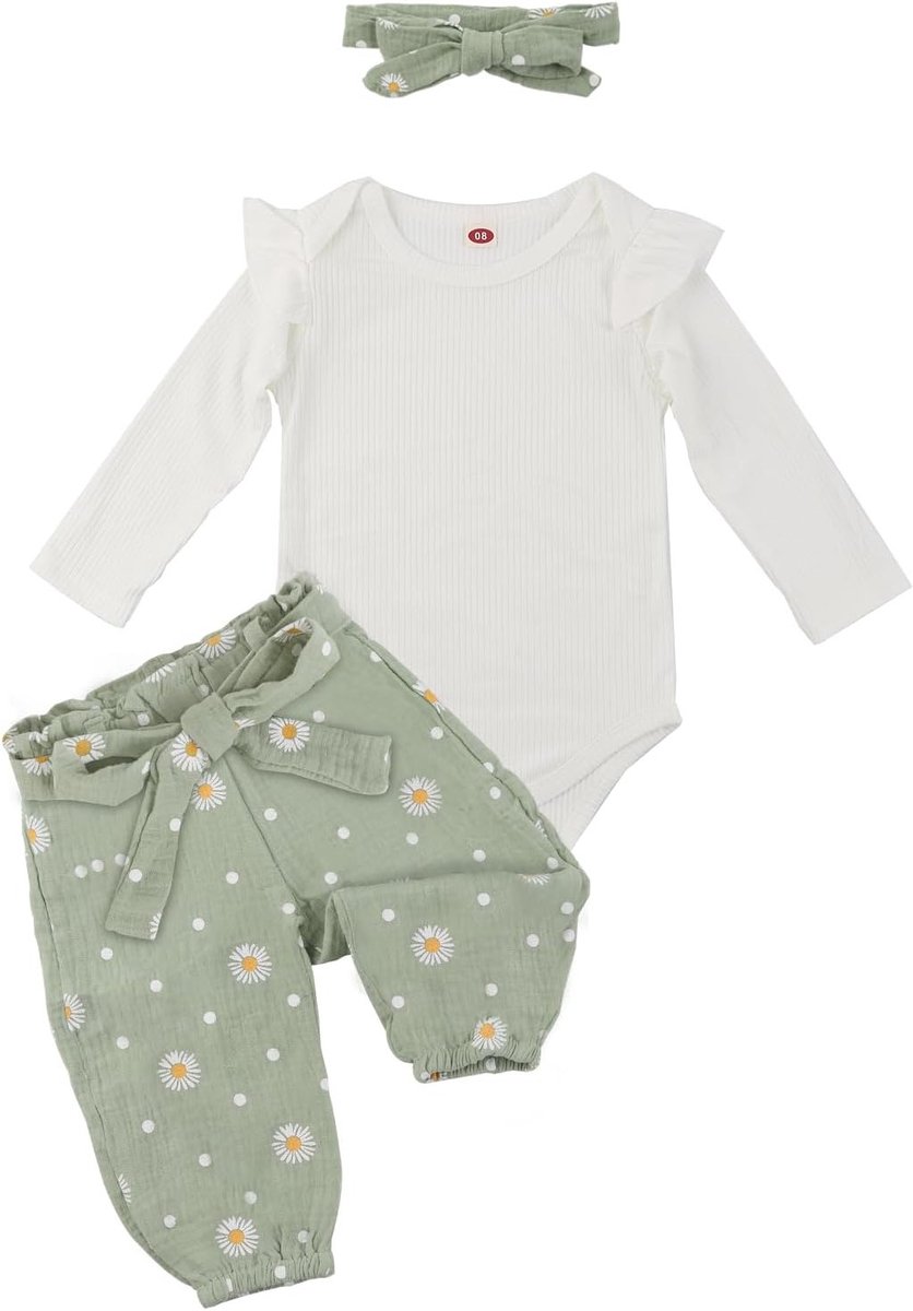 Elegante Romper Set voor Pasgeborenen met Lange Mouwen, Bloemenbroek en Haarband, Perfect voor Verjaardagen en Speciale Gelegenheden