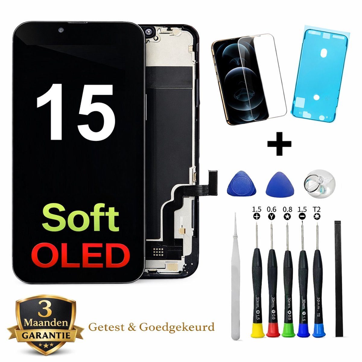 iPhone 15 OLED Scherm Vervanging – Premium Soft OLED Display – Inclusief Complete Reparatieset, Gereedschap, Screenprotector en Plakstrip
