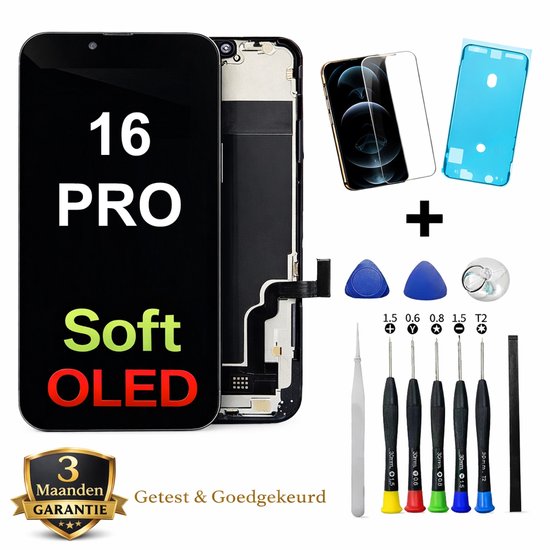 iPhone 16 Pro Soft OLED schermvervanging met reparatieset, gereedschap en screenprotector.