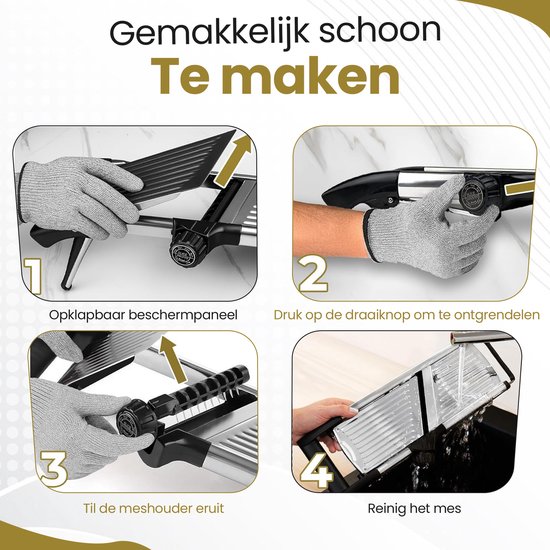 Stappenplan voor het gebruik van de mandoline snijder: opklapbaar paneel, ontgrendelen, meshouder eruit en reinigen.