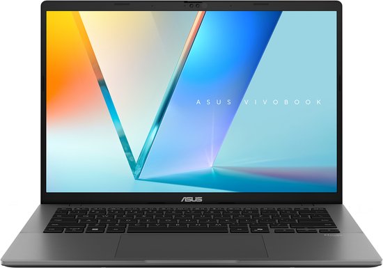 Grijze ASUS Vivobook laptop open, met toetsenbord en scherm waarop 'ASUS VIVOBOOK' staat.