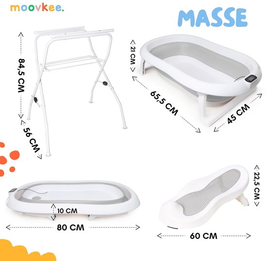 moovkee. Babybad met Standaard 80 cm - Opvouwbare Babybadewanne Grijs met Thermometer, Badesitz en Afvoersysteem - Veilig Babybad voor Pasgeborenen van Merkloos — afbeelding 5