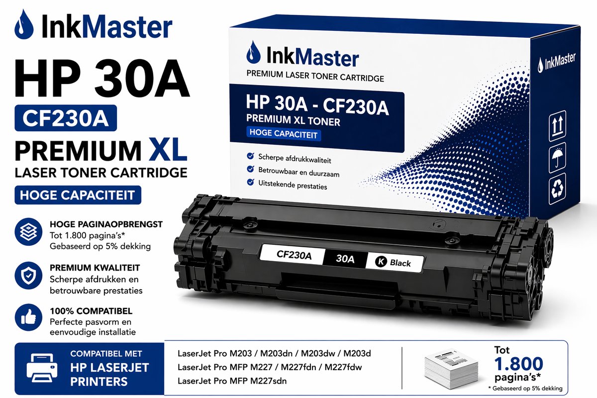 Inkmaster premium XL Laser toner cartridge voor HP 30A - CF 230A | Geschikt voor Laserjet M203D, M203DN, M203DW, MFP M227FDN, MFP M227FDW, MFP M227SDN