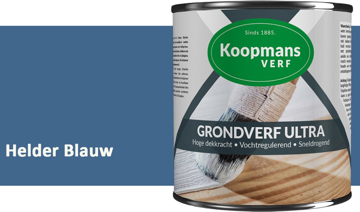 Koopmans Grondverf Ultra – Grondverf Hout & Metaal Binnen en Buiten – Vochtregulerende Primer – Hoge Dekking – Zijdeglans – Helder Blauw – 750 ml
