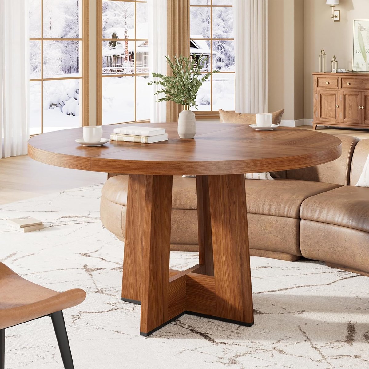 HOERFURIY Ronde eettafel van 47 inch – Keukentafel voor 4-6 personen – Ronde tafels met stevig voetstuk – Ruimtebesparend eetkamermeubilair voor de woonkamer en keuken – 120 × 120 × 75 cm – Rood walnoot