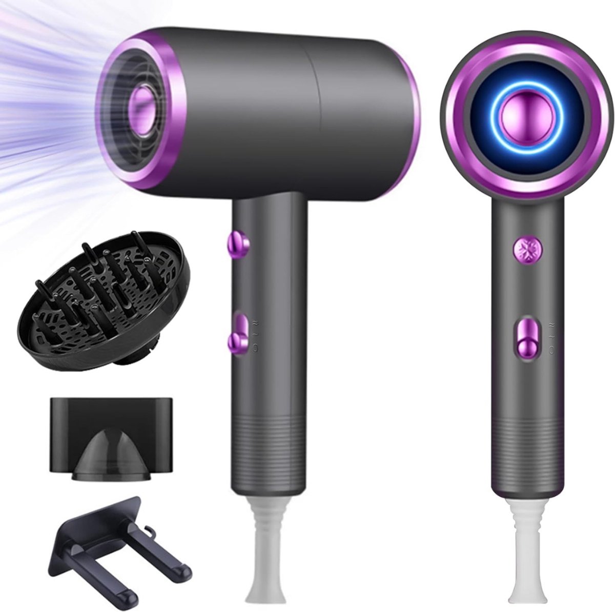 VIN® Haarfohn - Föhn met Diffuser – Krullen – Ionische Haardroger met Borstel - 3 Standen - 3 Opzetstukken – Reisföhn - Coolshot – Haarföhn met Diffuser – Hair Dryer - 1800W - Grijs