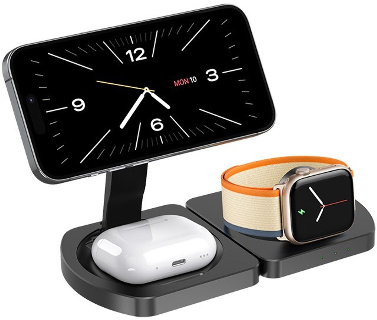 DrPhone ChargePro2 – 3-in-1 Vouwbare Draadloze Oplaadstandaard – MagSafe – Geschikt voor iPhone 17/16/15/14/13/12 – Apple Watch Ultra/10/9/8/7 – AirPods Pro/2/3 – Snelladen – Compact & Reisvriendelijk – Zwart