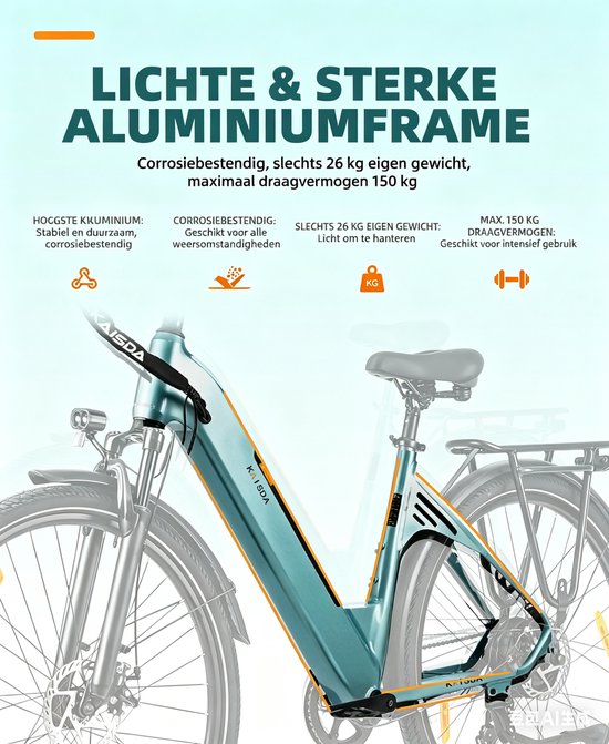 Close-up van het lichte en sterke aluminiumframe van een lichtblauwe elektrische fiets met tekst over corrosiebestendigheid en gewicht.