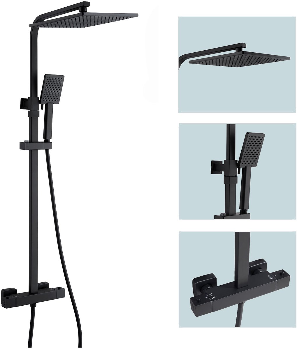 Auralum Douchesysteem met Thermostaatkraan - Doucheset - Vierkante 10 inch Regendouchekop - Regendouche en Handdouche - Verstelbare Hoogte 88-125cm - Mat Zwart