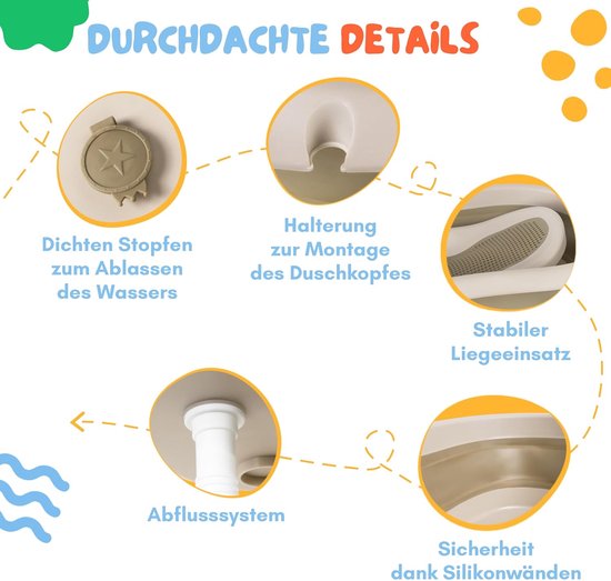 moovkee. Babybad met Standaard 80 cm - Opvouwbare Babybadewanne Beige met Thermometer, Badesitz en Afvoersysteem - Veilig Babybad voor Pasgeborenen