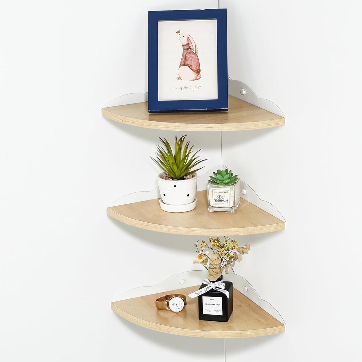 Drijvende Hoekplank van Hout, Sterke Wandplanken met Draadopening, Set van 3 voor Slaapkamer, Keuken en Woonkamer in Rustieke Stijl