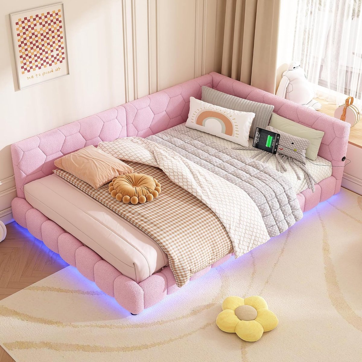 Dagbed Slaapbank 140x200 cm Roze Fluweel – Slaapbank met Lattenbodem & MDF Frame, Modern Kinder-, Tiener- en Logeerbed 200 kg Draagkracht