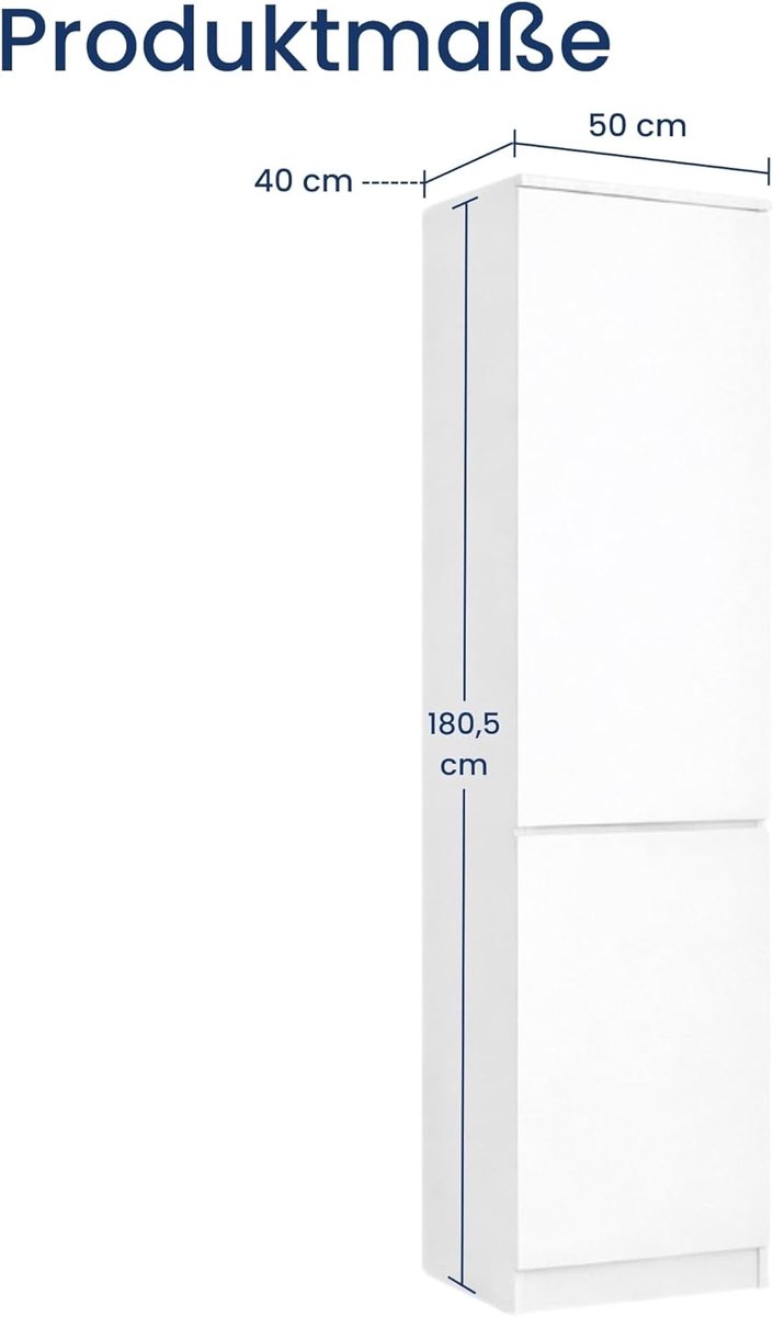 Kledingkast 50 cm Smal – Garderobekast met 2 Deuren & 5 Legplanken – Multifunctionele Opbergkast 180 cm Hoog – Wit – abtkantoor