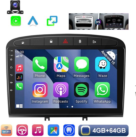 9″ Android 15 autoradio Peugeot 308 408 (2007-2013) 4GB RAM 64GB opslag GPS WiFi Bluetooth CarPlay Auto
